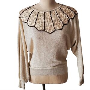Vintage 70s gold knit sparkle sequin top size medium
